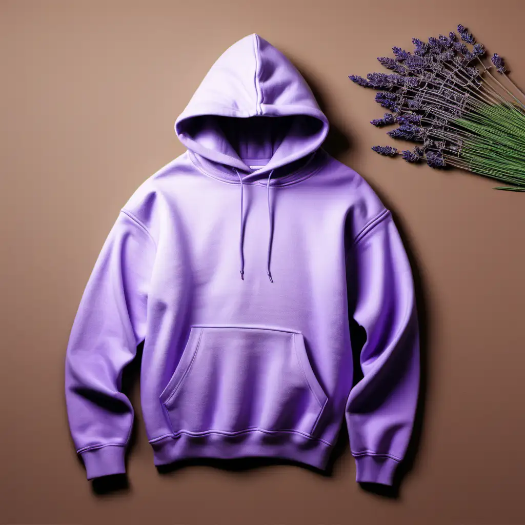generate a high defination picture of lavander hoodie palced on table  ground 