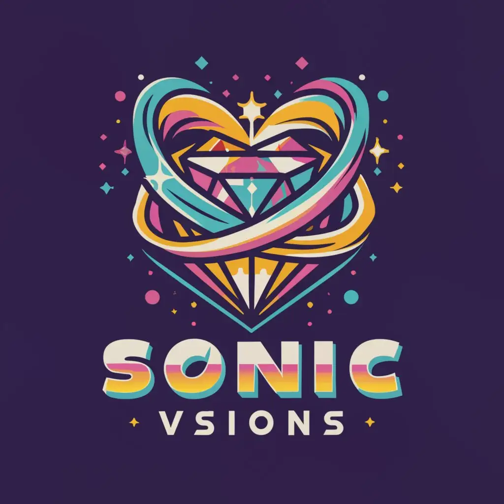 a logo design,with the text "Sonic Visions", main symbol:psychedelic spinning hurricane around heart-like diamond with Sonic the Hedgehog font,complex,be used in Entertainment industry,clear background
