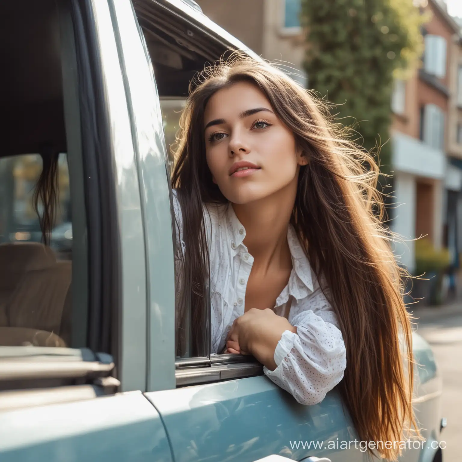 Girl-with-Long-Hair-Looking-Sideways-by-an-Open-Car-Window