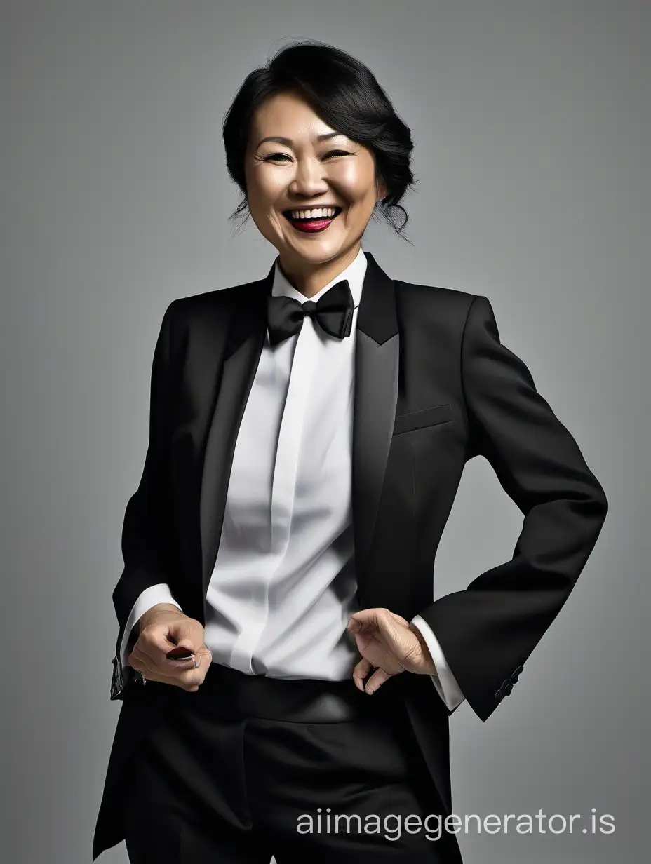 40 year old asian woman wearing a tuxedo.  Her jacket is open.  She has cufflinks.  She is smiling.  She is wearing lipstick.  She is facing forward.