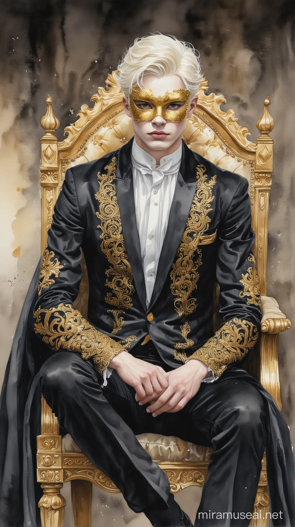 watercolor illustration of a mysterious twenty-year-old man with platinum hair and golden eyes, seating on a throne, wearing a black Venetian carnival suit and mask
