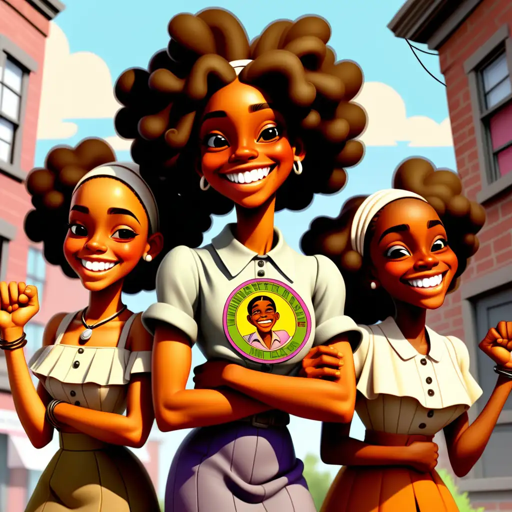 Cheerful African American Teens Celebrating Juneteenth in Vintage Cartoon Style