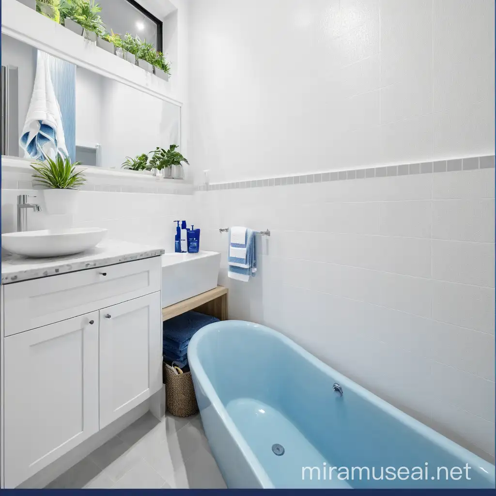 Modernise this bathroom, add window dressing and keep the blue bath. Add plants and other décor like towels and bottles to create an updated look with a blue and white colour scheme