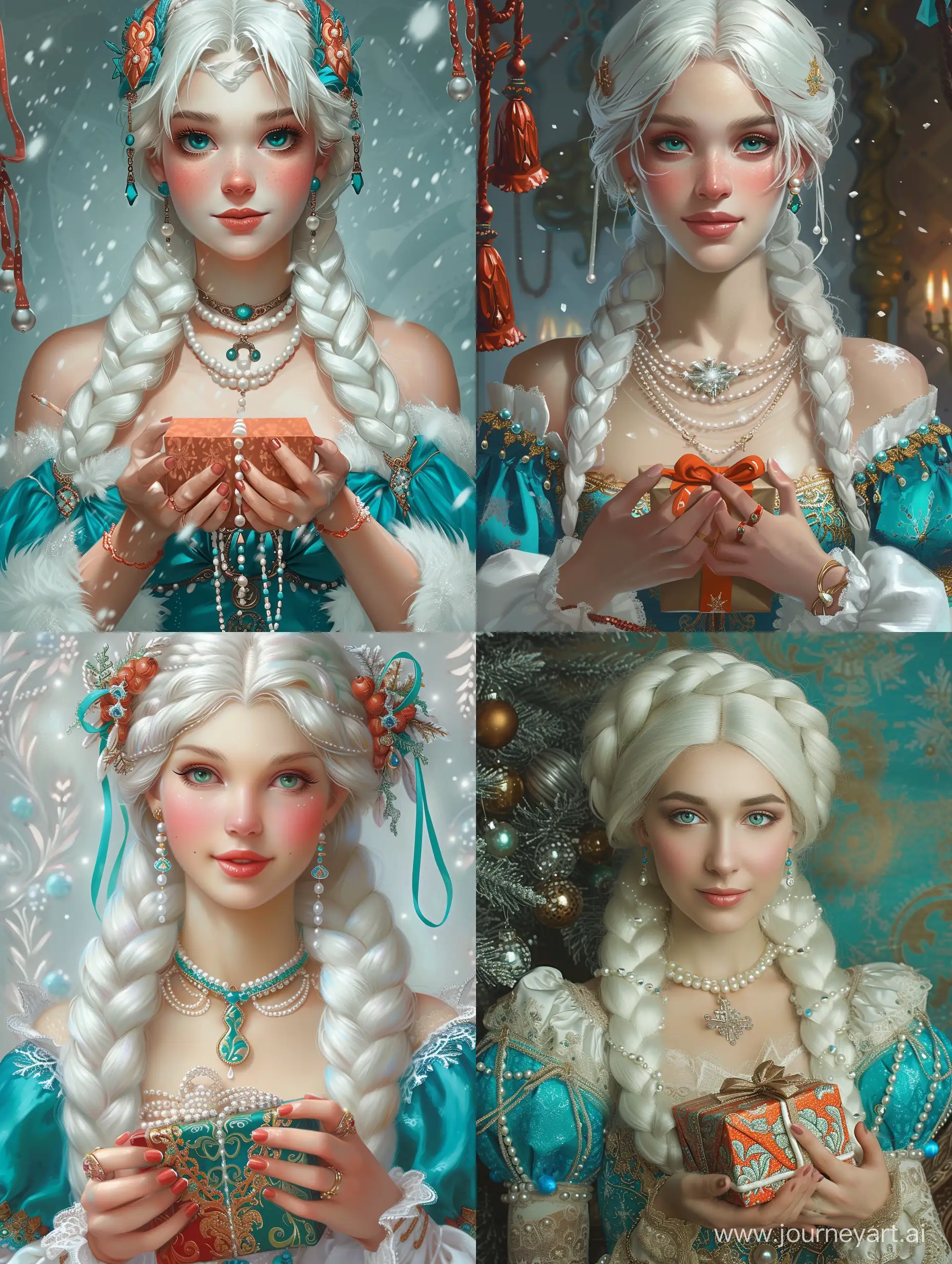 снегурочка, очень красивая, белые косы, жемчуга, голубой и бирюзовый цвет в нарядах, держит в руках подарок, иллюстрация