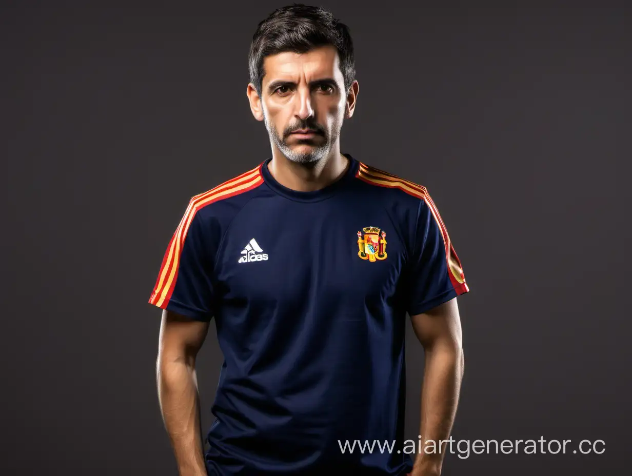молодой испанский футбольный тренер в темно-синей футболке и с короткой стрижкой и без бороды

