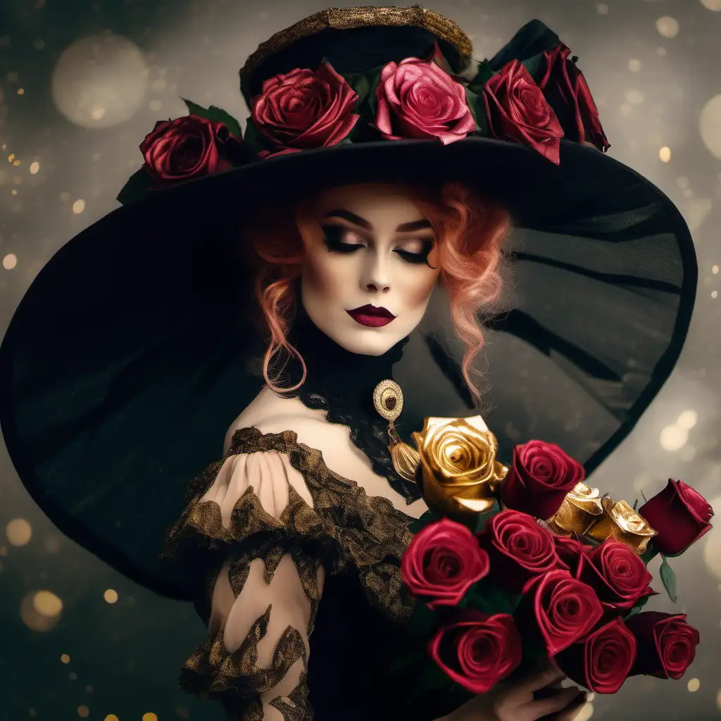 beautiful victorian woman wearing a beautiful hat holding a bouqute of bi colored roses, glitter, gloving, transparent, dark red, Black and gold