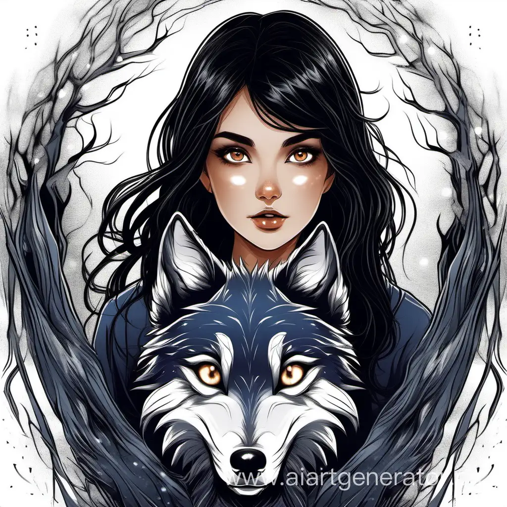девушка с черными волосами с карими глазами с магическим волком 