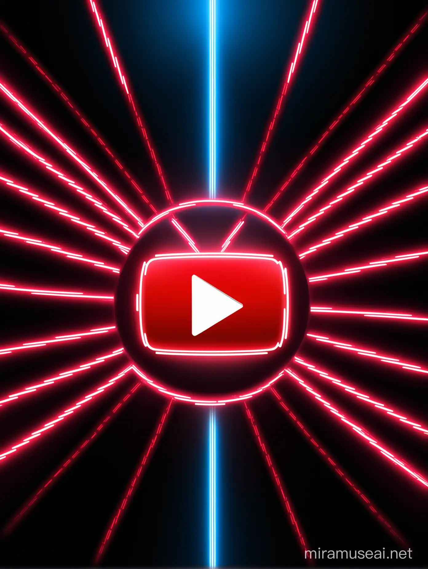 Futuristic Neon YouTube Logo with Red Thunderbolts on Dark Background