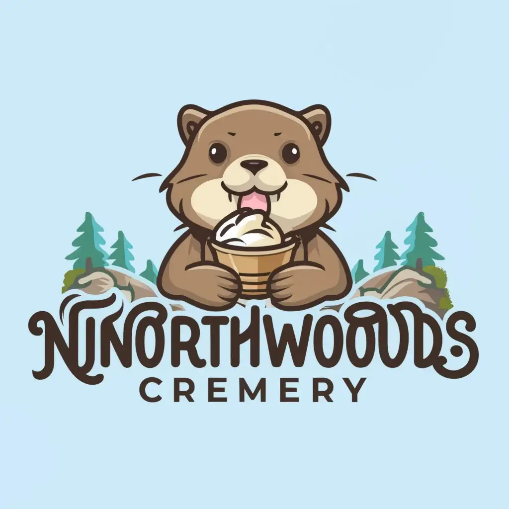 LOGO-Design-for-Northwoods-Creamery-Whimsical-Otter-and-Ice-Cream-Delight-on-Clear-Background