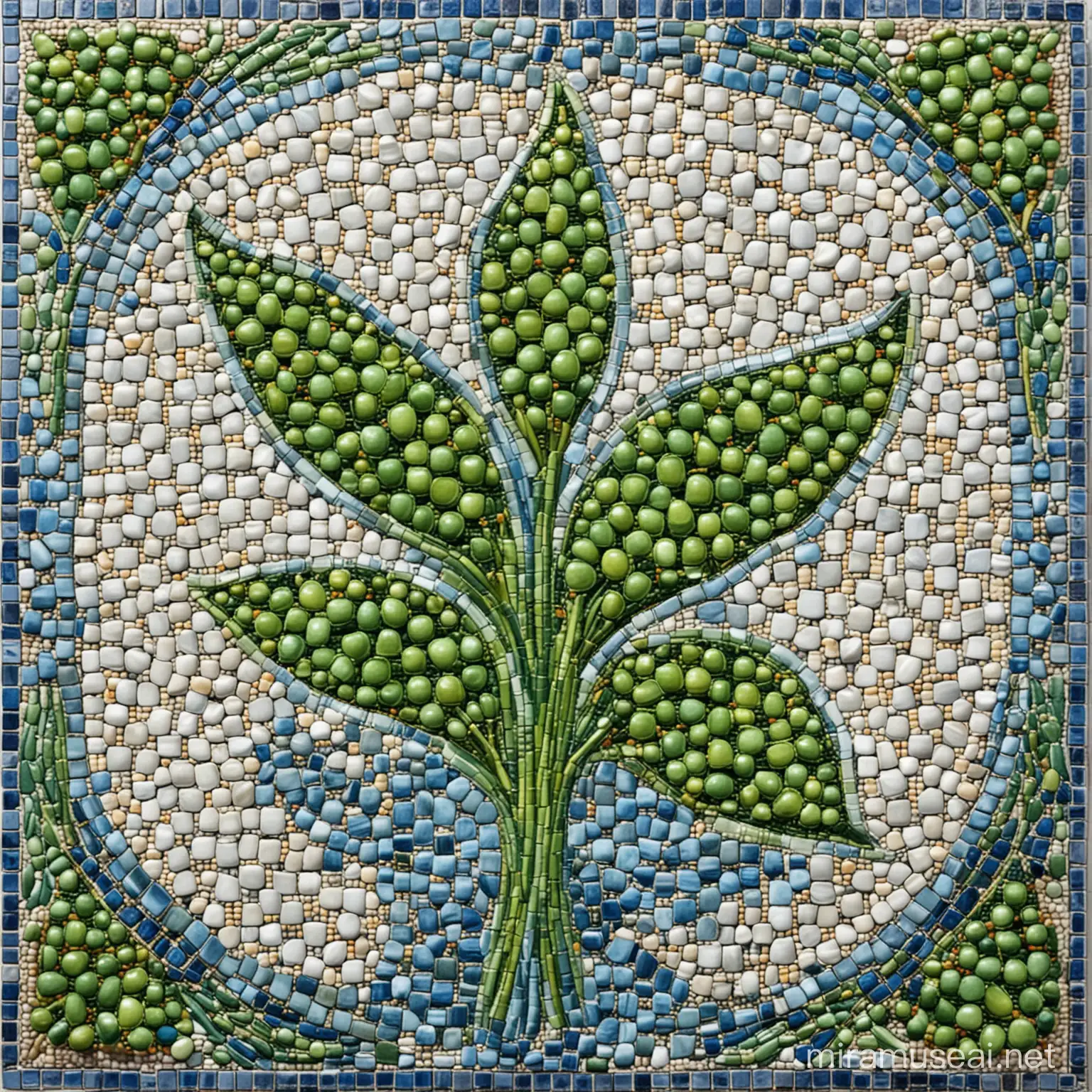 这张图片展示了一幅马赛克艺术作品，主题是绿色的豌豆。画面由众多小块不同颜色和形状的瓷砖组成，巧妙地排列成豌豆荚的形状。豌豆荚呈现为鲜艳的红色，里面装满了绿色的豌豆，豌豆表面光滑，看起来非常新鲜诱人。
在豌豆荚的周围，分布着几片绿色的叶子，叶子大小不一，为整幅作品增添了自然的气息。背景则是由蓝色、白色和灰色的小瓷砖组成的复杂图案，与前景的豌豆荚形成了鲜明的对比，使得整个作品更加生动。
这幅马赛克艺术作品色彩鲜明，细节丰富，每一块瓷砖都经过精心挑选和摆放，以呈现出完美的视觉效果。它不仅展示了艺术家的巧思妙想和精湛技艺，也带给我们视觉上的享受和艺术上的启迪。
