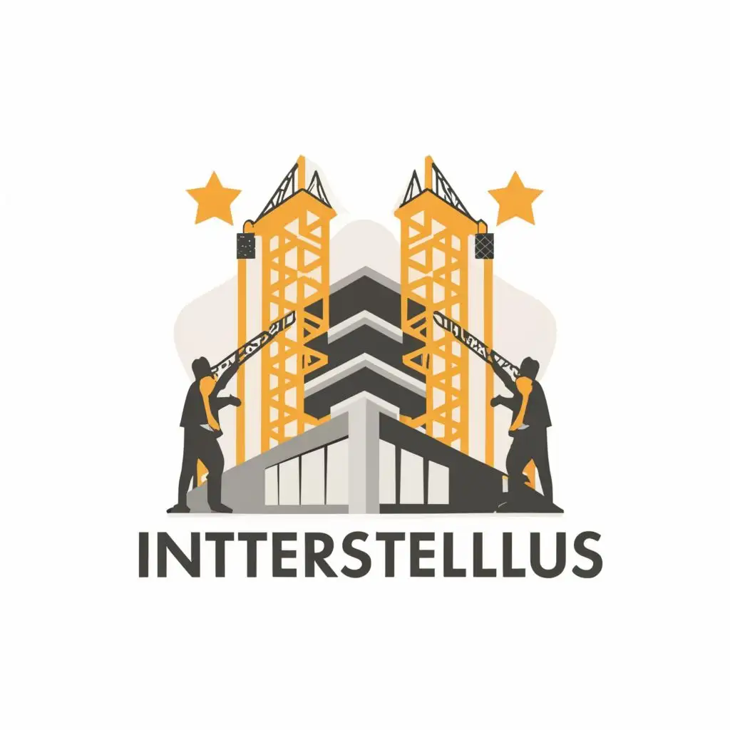 logo, Building between two Stars with engineers building the building, with the text "Interstellus", typography, be used in Construction industry