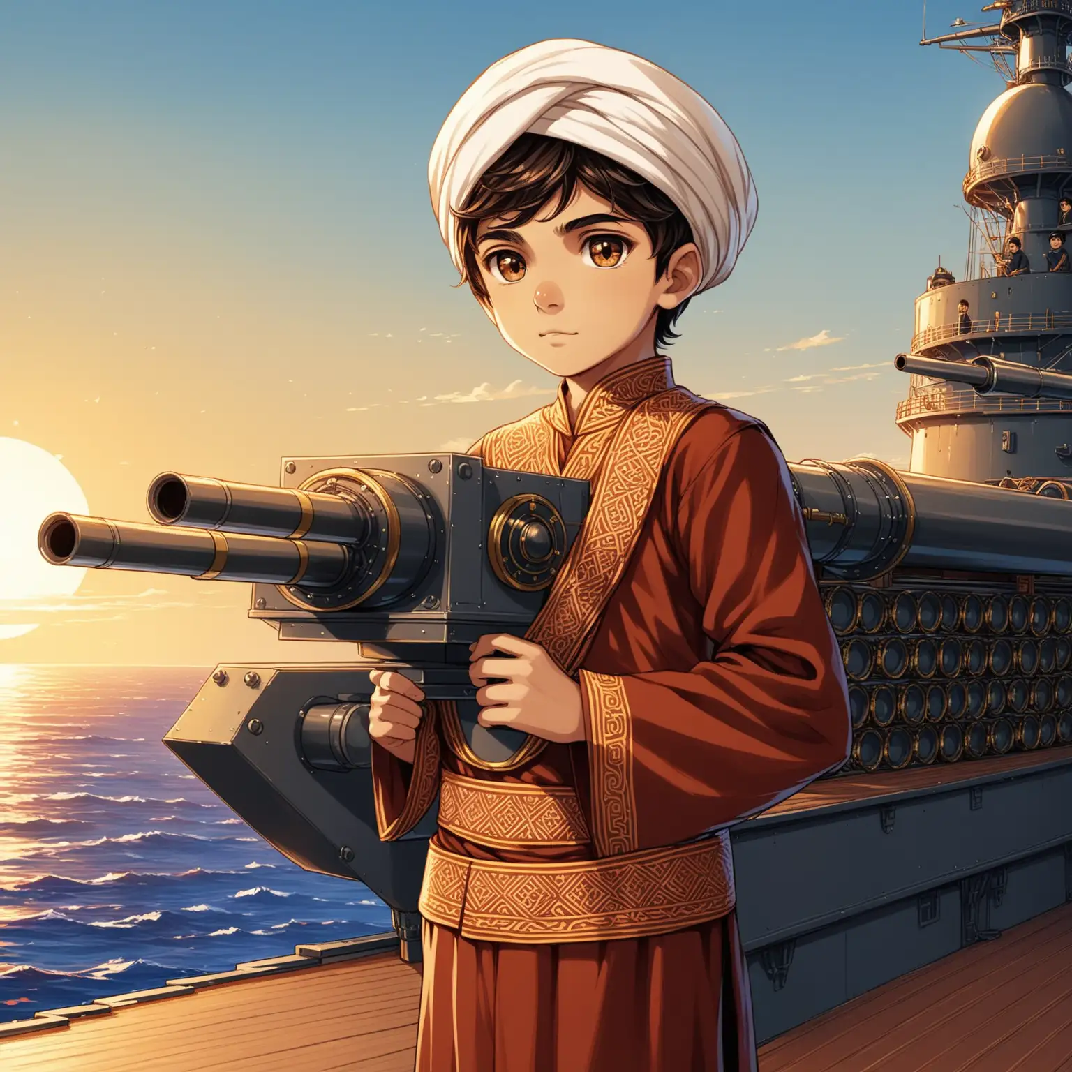 10 years old warrior Persian boy, on the IRIS Deylaman warship's deck, using anti-aircraft cannon, clothes full of Persian designs, smaller eyes, bigger nose, white skin, brown eyes.