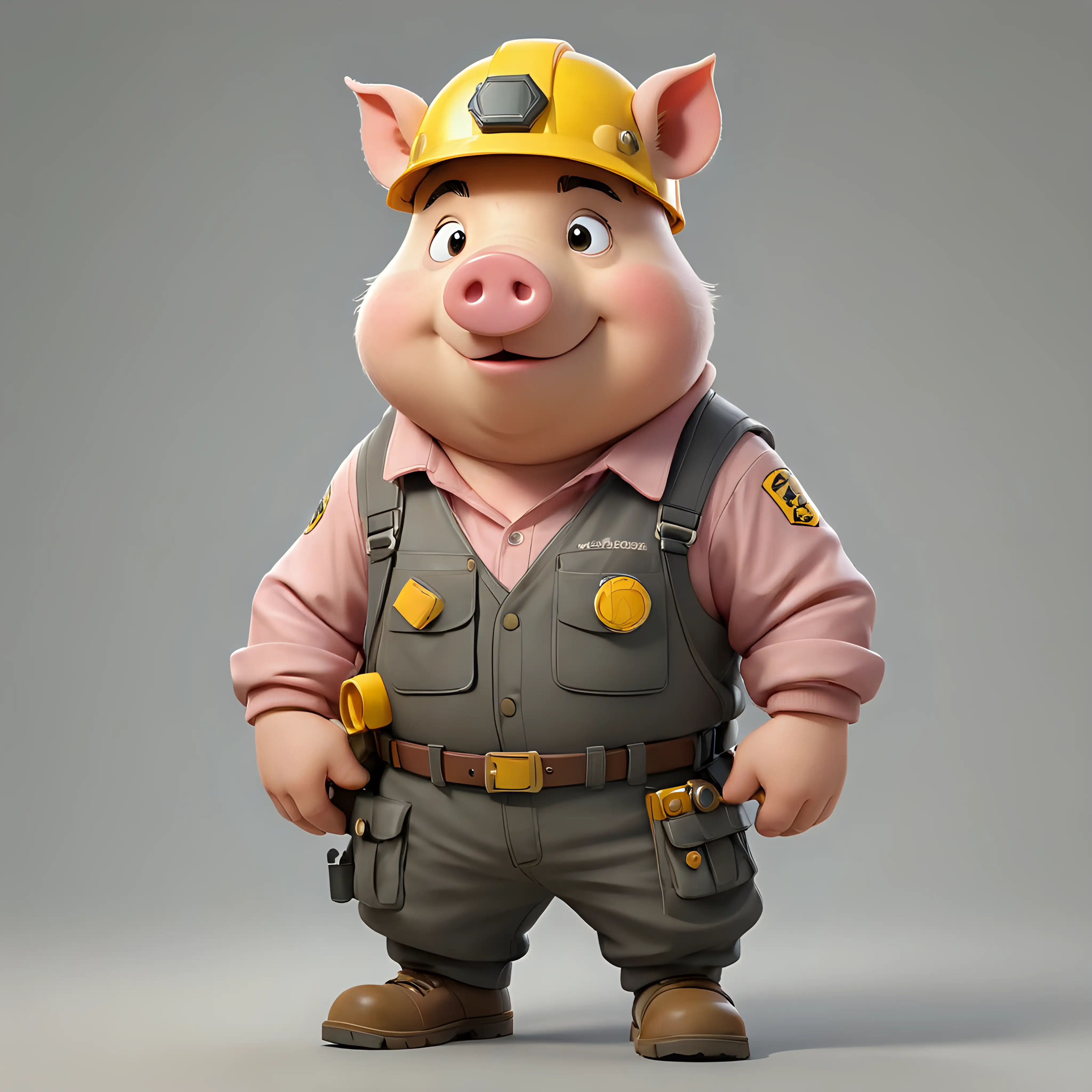 A pig in cartoon style, full body, Engineer clothes with yellow helmet, with clear background