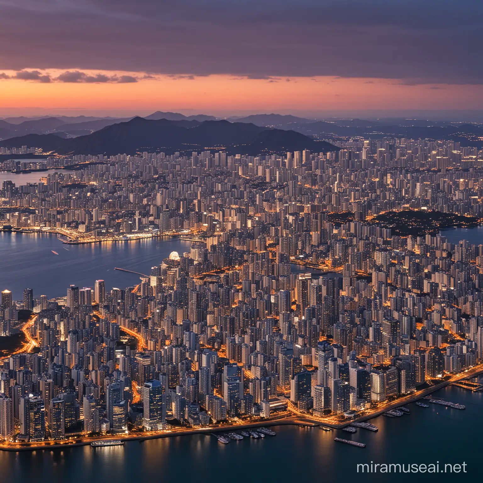 沿海城市，人口大约2000万，市中心有数百栋现代化高楼，城市包围着一片海湾，城市规划类似东京，海湾东边全是现代化高楼，黄昏，市中心