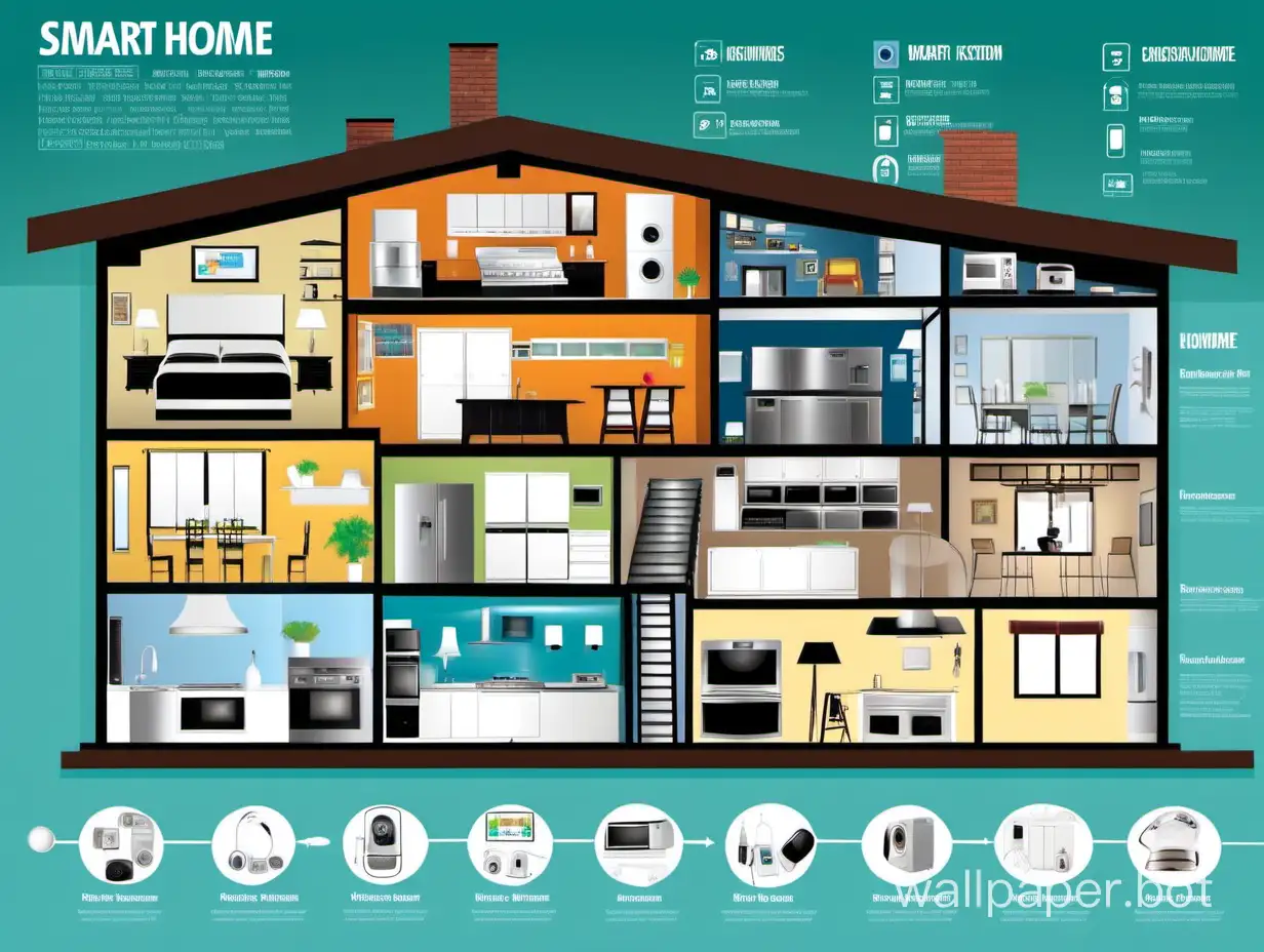 smart home infographic. Includes House cross-section garage kitchen living room bedroom and bath. Electronics appliances and smart home devices