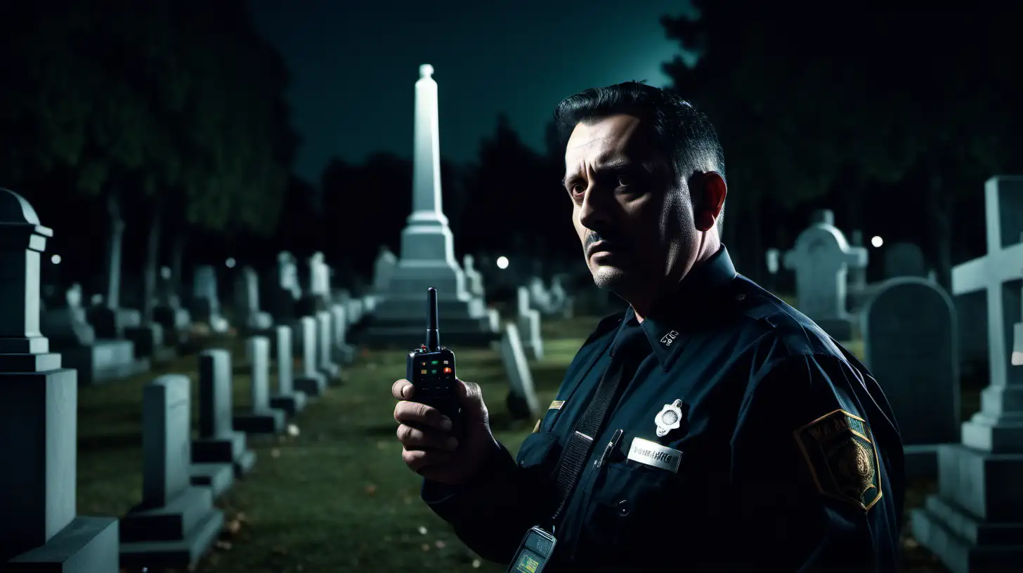 Night Watch Cinematic Scene of a 40YearOld Male Security Guard in Cemetery