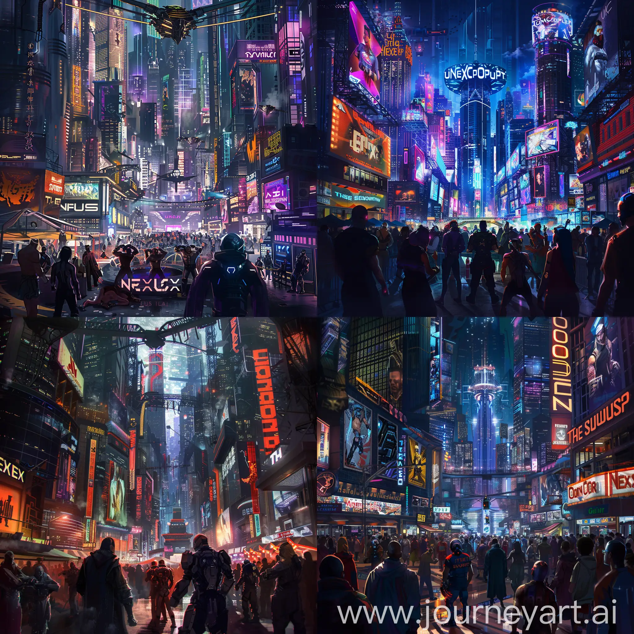 "Create an AI-generated image that depicts the bustling metropolis of the dystopian future where OmniCorp hosts the annual fighting tournament known as 'The Nexus Showdown.' The image should showcase the neon-lit streets, towering skyscrapers, and the intense atmosphere of the tournament venue. Include diverse characters from all corners of the world preparing to engage in combat, with a sense of anticipation and competition filling the air. Capture the essence of the ultimate test of strength, skill, and cunning as fighters vie for glory and the chance to win OmniCorp's grand prize – a wish fulfilling any desire."