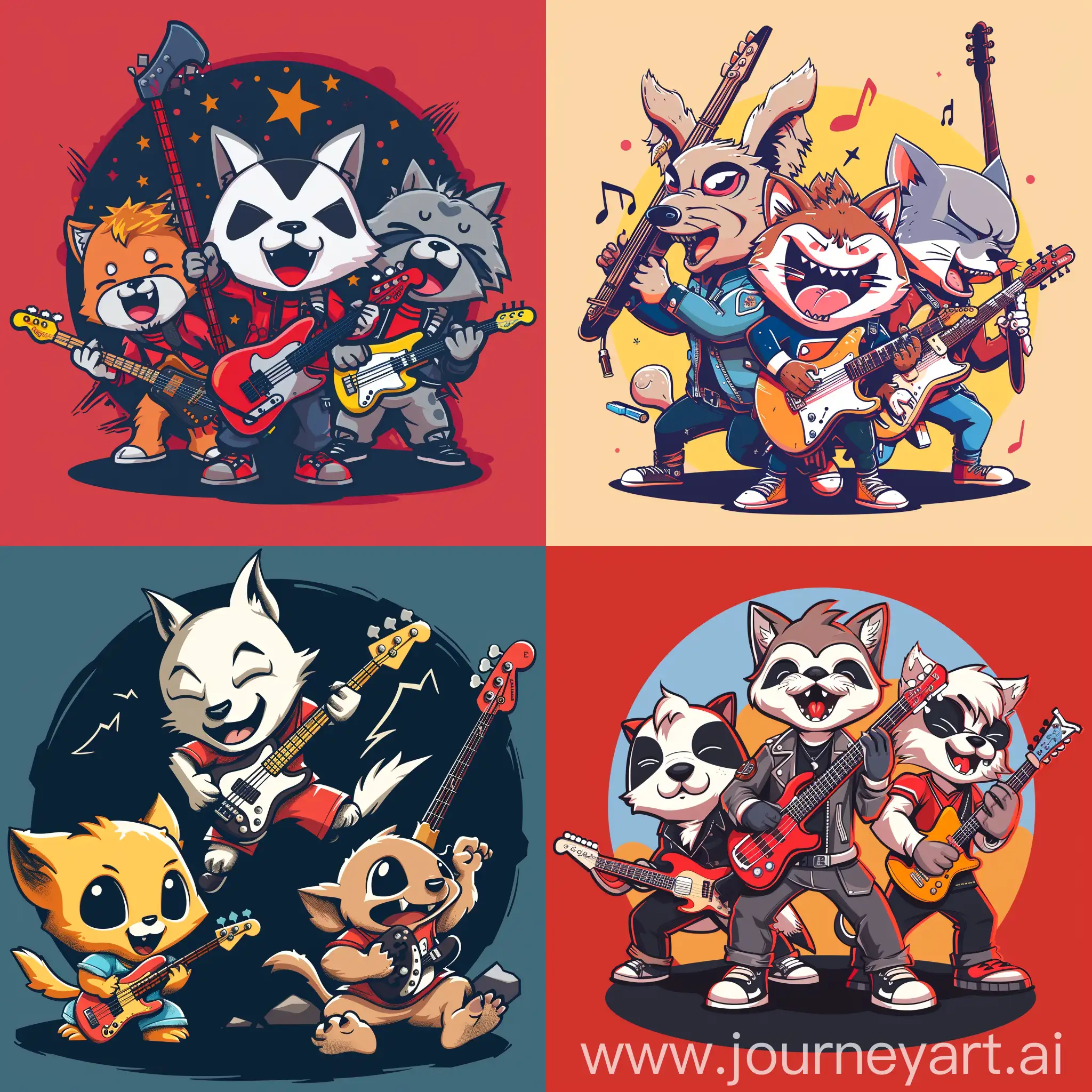 A cartoon shirt design of an awesome animal rock and roll band