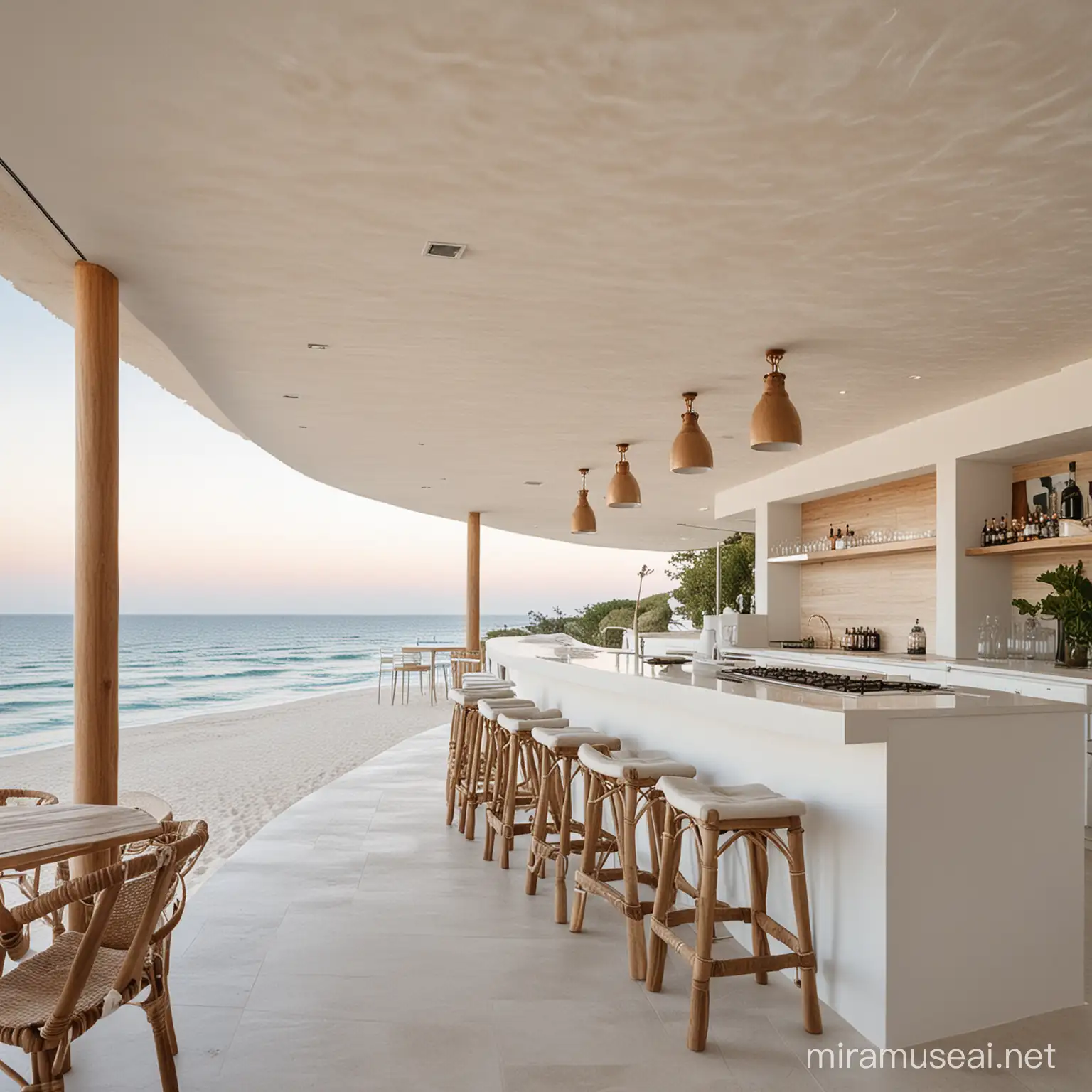  a serene beach bar nestled along the sandy shoreline. This beach bar is designed with a perfect balance of elegance and relaxation, embodying a harmonious fusion of nature and modernity. seamless blend of white aesthetics and natural elements. The exterior features clean lines and minimalist design. a unique ceiling structure that combines lightweight materials with subtle lighting fixtures. The ceiling design not only adds to the ambiance but also allows for uninterrupted views of the sky above