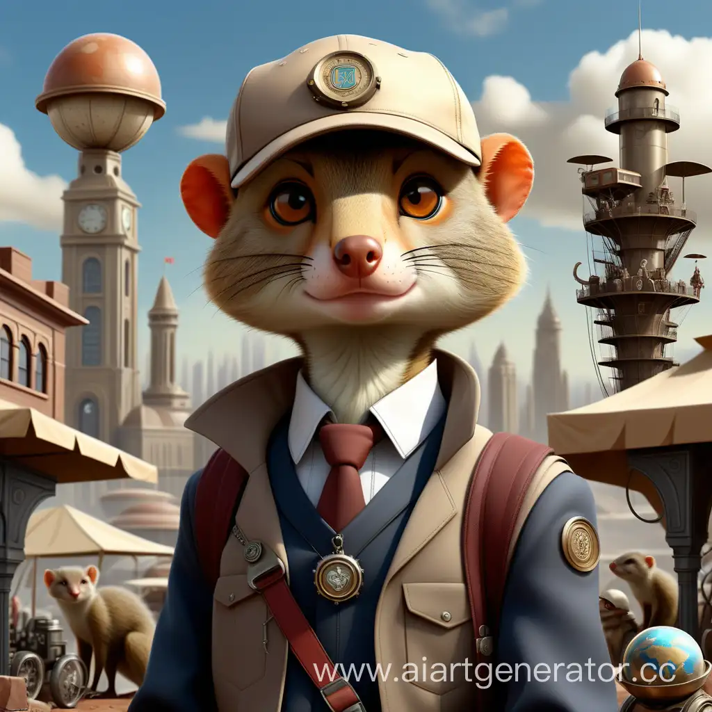 A young man in full height in a school uniform in a cap with an emblem, looks straight, a mongoose animal sits on his shoulder, against the background of a landscape on another planet steampunk, a bazaar on a square, a fantastic city, various people in the background, 64-megapixels, a masterpiece, photorealism, elaboration of details