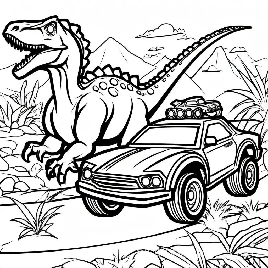 Dinosaurs-Playing-with-Hot-Wheel-Cars-Coloring-Page