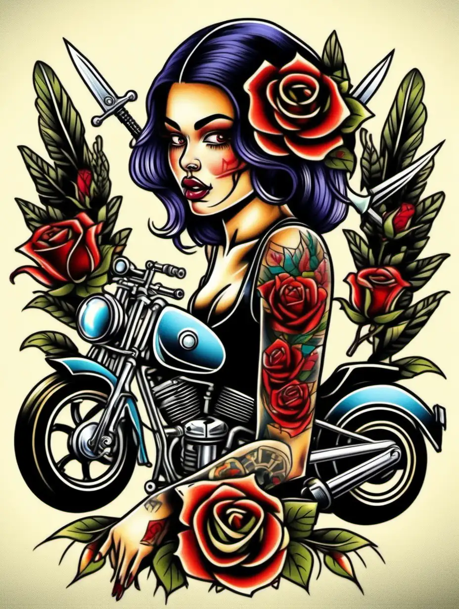 Sexy Pinup Girl Riding Motorcycle with OldSchool Tattoo Design