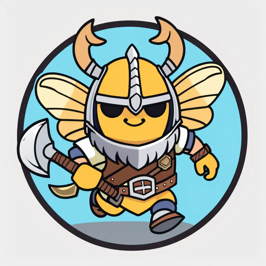 discord circle icon of a cute Viking bee running and wearing a Viking horned helmet also wielding an axe and shield 