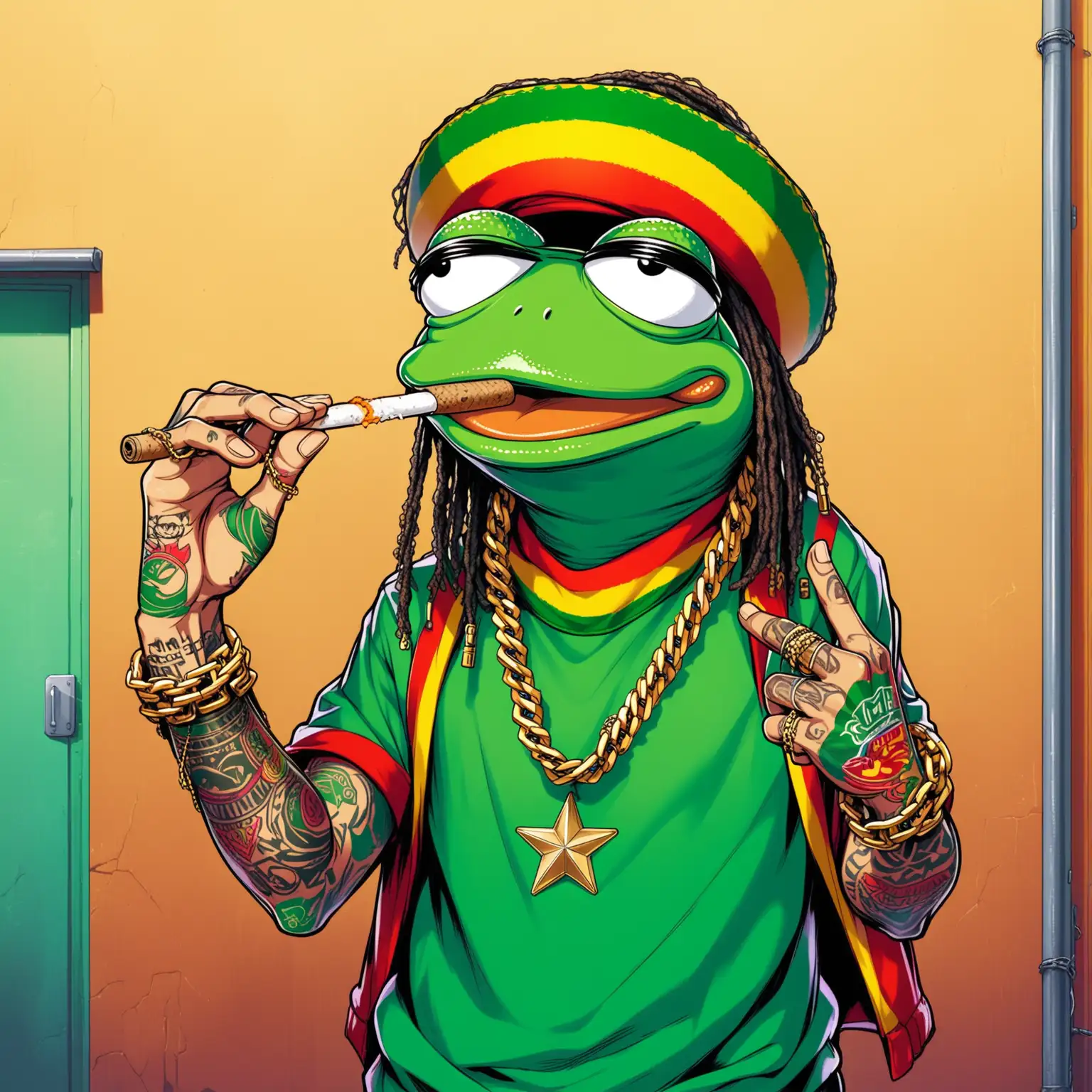 Pepe the Frog in a rasta costume with a joint in his hand, a chain around his neck and tattoos on his fingers should represent a rapper.
Pepe, dressed in a vibrant rasta-inspired outfit, a chunky gold chain around his neck and tattoos on his fingers, holding a joint, embodies the modern rapper persona. The presence of rap culture attributes like tattoos, gold chains and a joint adds elements of street culture and urban life to his image.