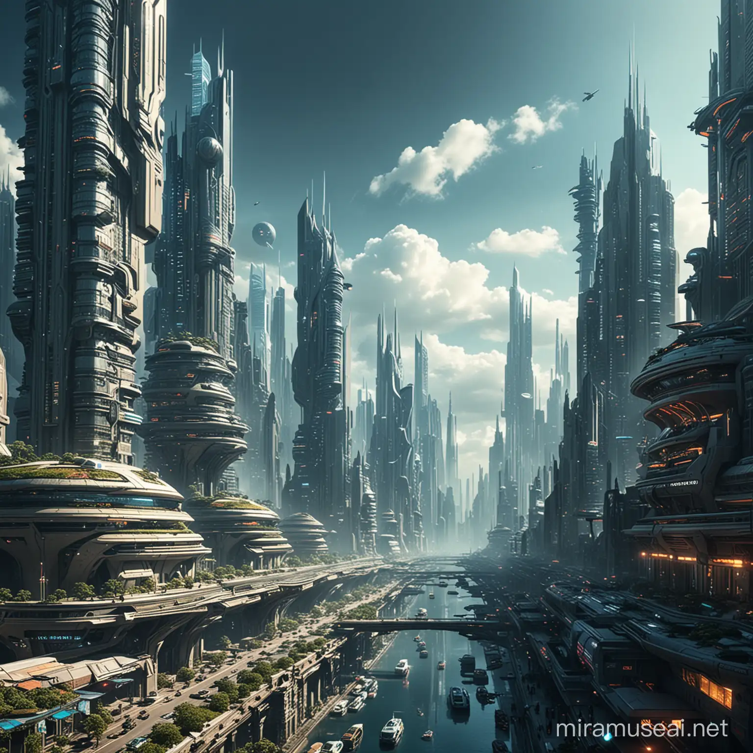 Futuristic Cityscape with Skyline and Flying Vehicles