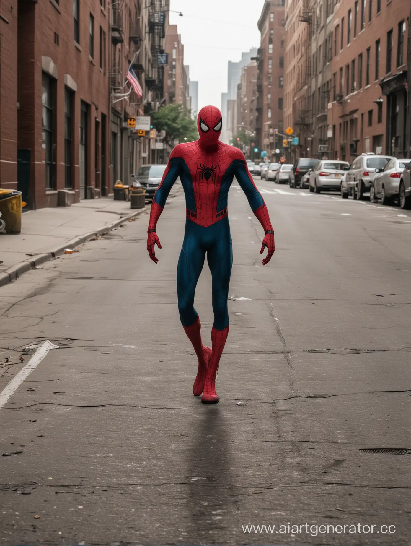 Spider-Man is walking down the street