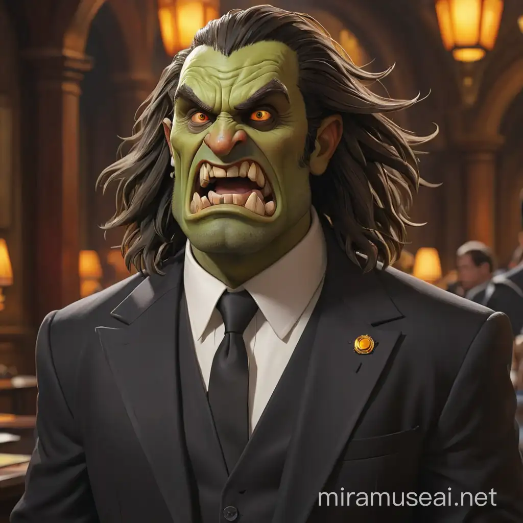 A unhinged psychopatic Thrall from World of Warcraft, wearing a suit from Pulp Fiction