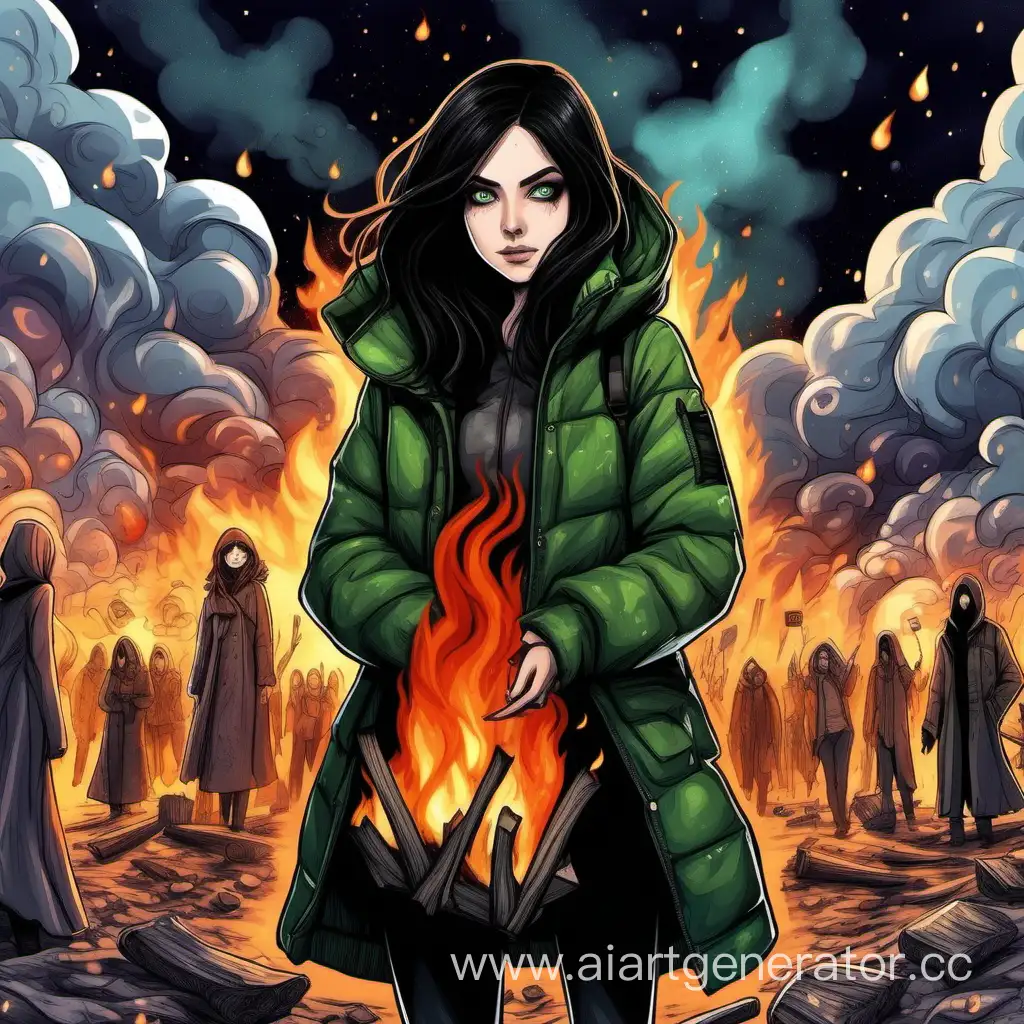 Girl-with-Dark-Hair-and-Green-Eyes-Standing-by-Bonfire-Potion-Amid-Death-Eaters