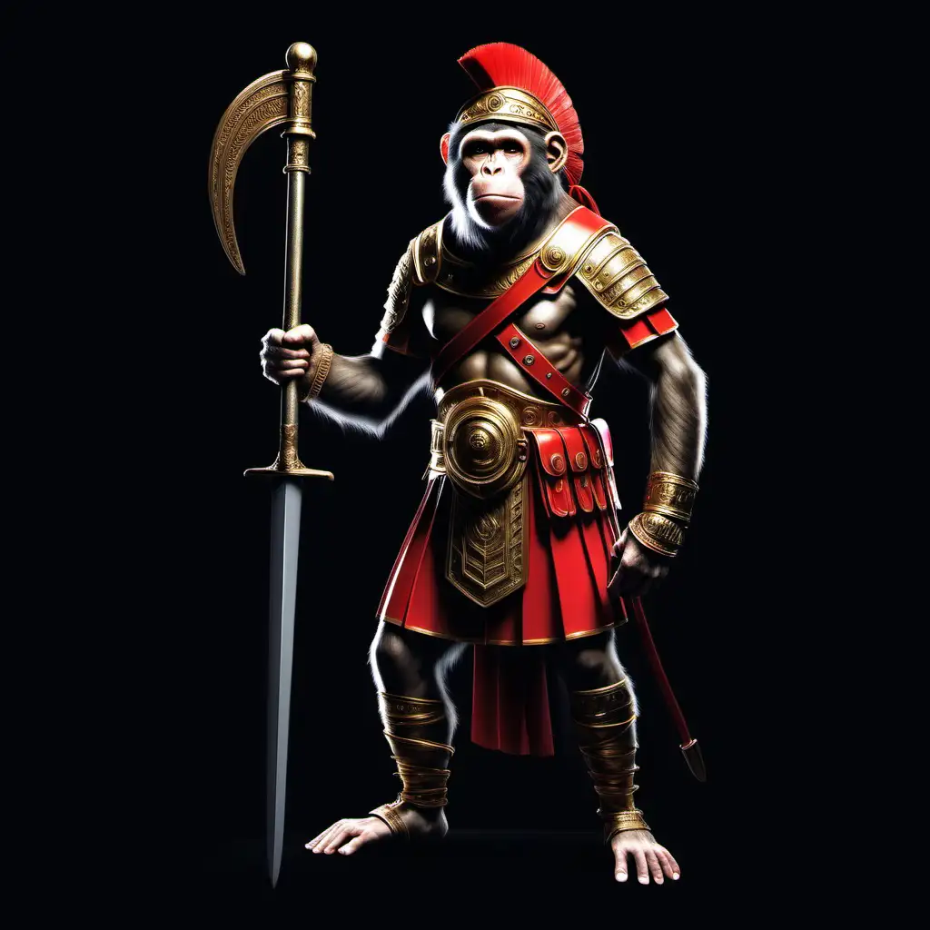 Направи смесица между маймуна и римския войник в цял ръст на черен фон