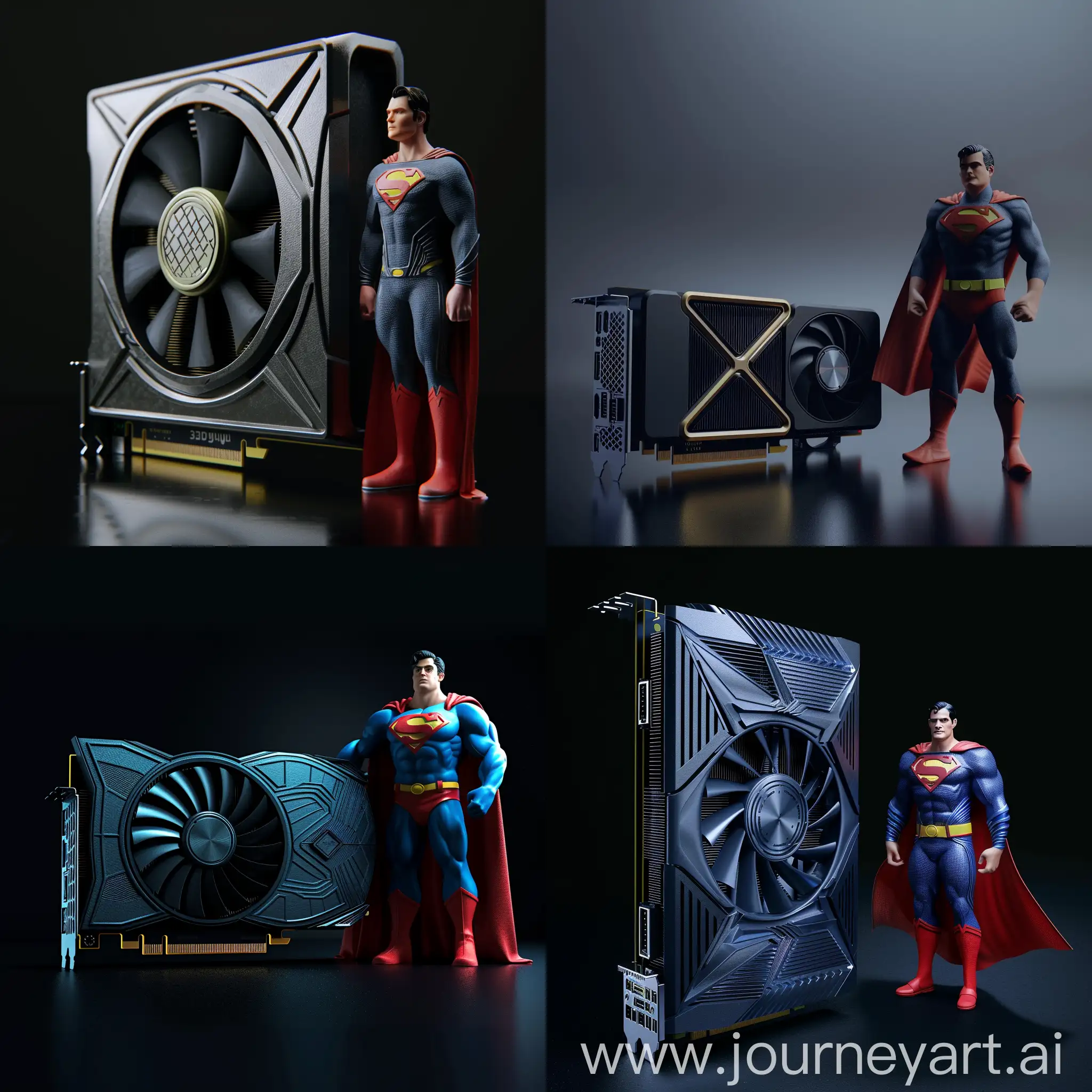 Make a picture of a 3D graphics card with Superman standing next to it