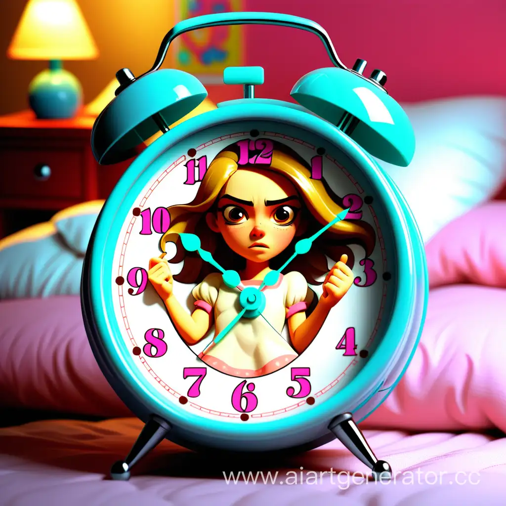 Girl-Waking-Up-to-Alarm-Clock-in-Sunlit-Bedroom