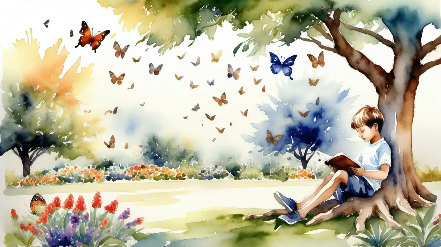 very detailed watercolor child boy reading under a tree in a beautiful garden, a butterfly, multiple children playing, watercolor style, multiple children watercolor style, 5 children