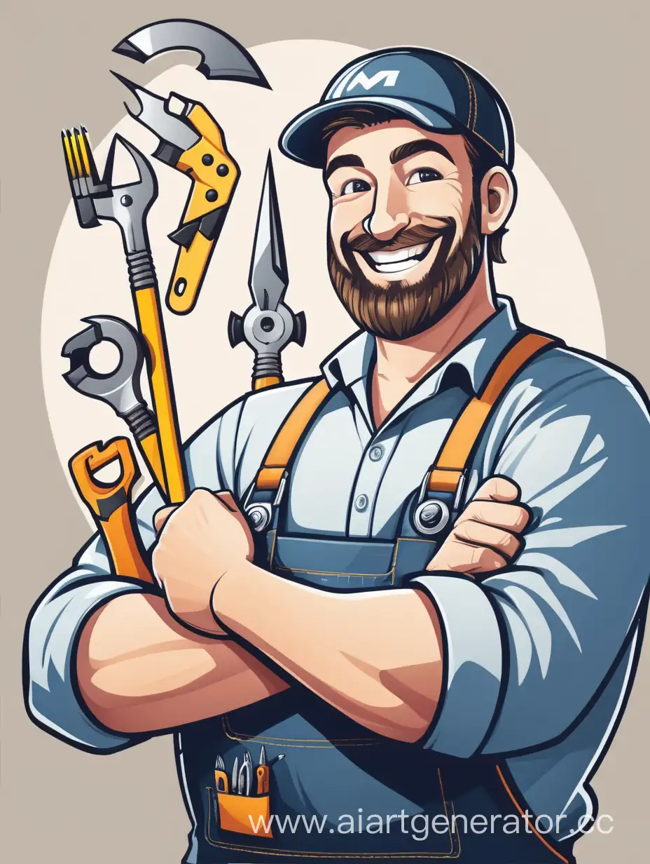 smiling electrician with a small beard working with tools and the logo of the individual entrepreneur