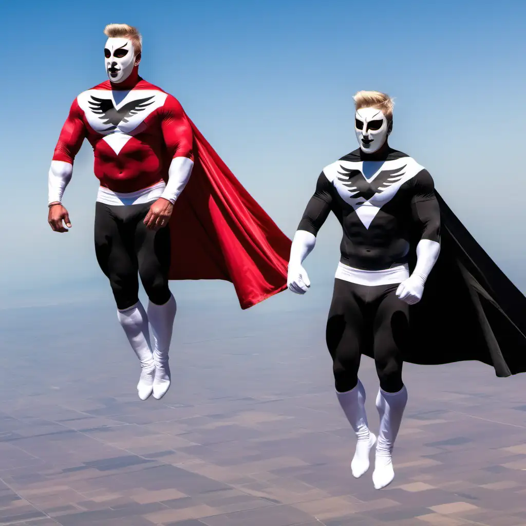 two huge muscular ripped blond men, red black white skintight costumes, red black white masks, red black white capes, flying in the skies, Argentina, day