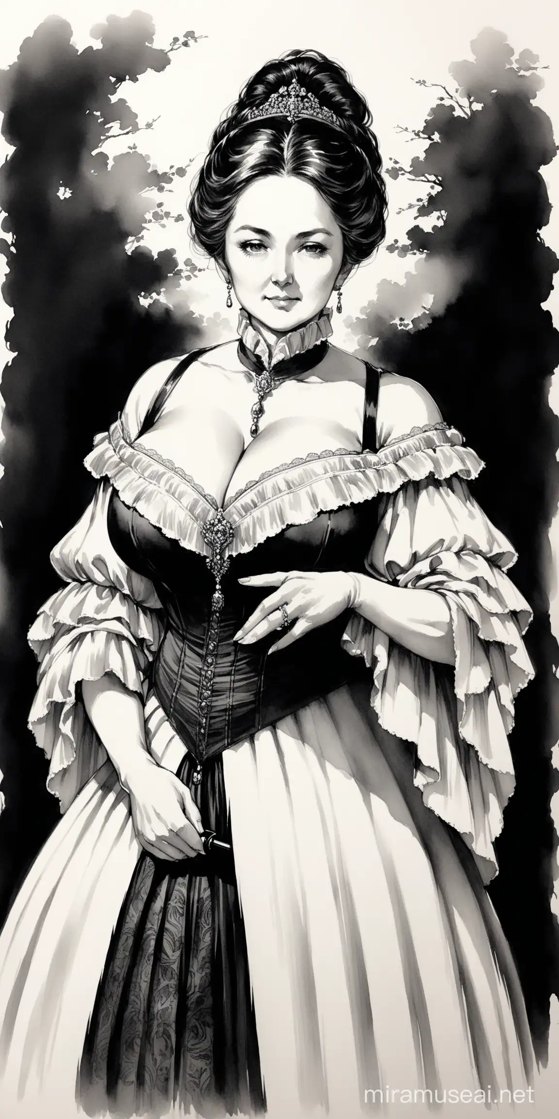 mature woman, noble, big chest, victorian age, ink painting, black and white