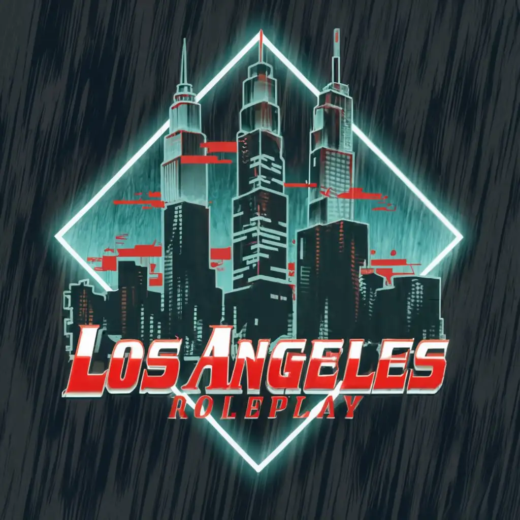 a logo design,with the text "Los Angeles Roleplay", main symbol:Blue and red lights flashing off skycrapers in the rain while the police are in an intense battle with criminals,complex,clear background