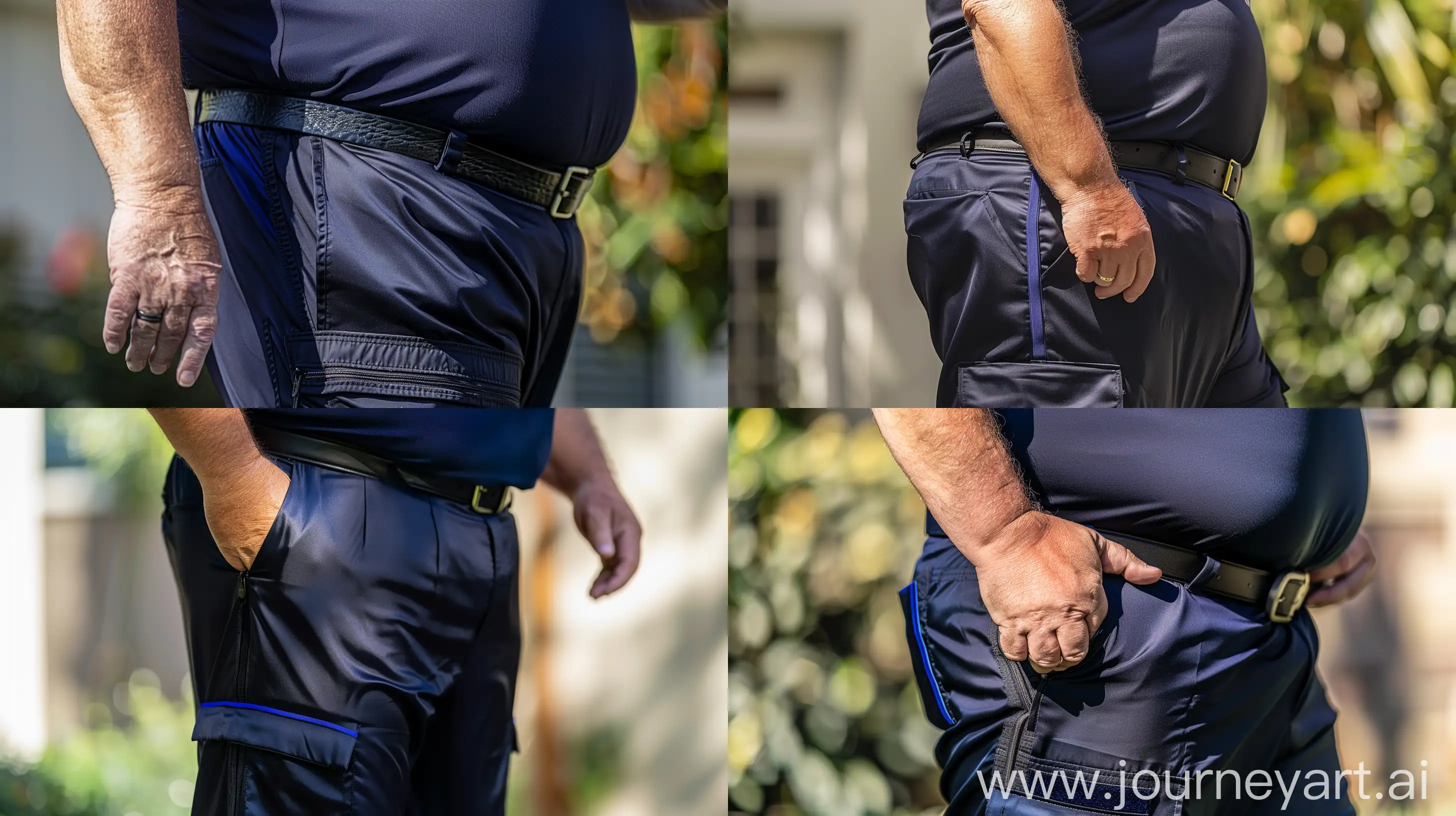 Close-up photo of a fat man aged 60 wearing silk navy blue cargo pants. There is a very thin vertical royal blue stripe on side of the leg of the pants. Tucked in silk navy sport polo shirt. Big black tactical belt. Running. Natural light. --ar 16:9