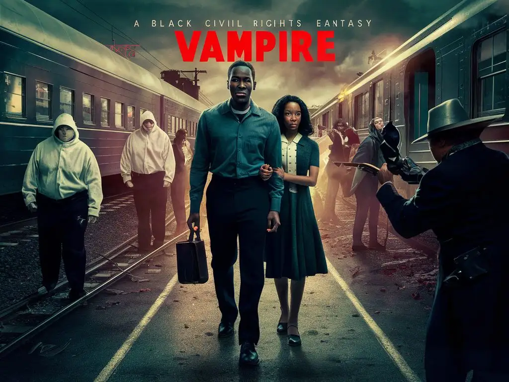 Generate a movie poster similar to Pulp Fiction for a modern vampire fantasy story featuring a lone civil rights worker black male hero in a segregated southern town in 1960. Make a collage prominently featuring the hero, a younger black woman, and surrounded by vampires, a modern train, villains in white hoods, and an evil sheriff. Do not include text.es, the KKK, and an evil sheriff.