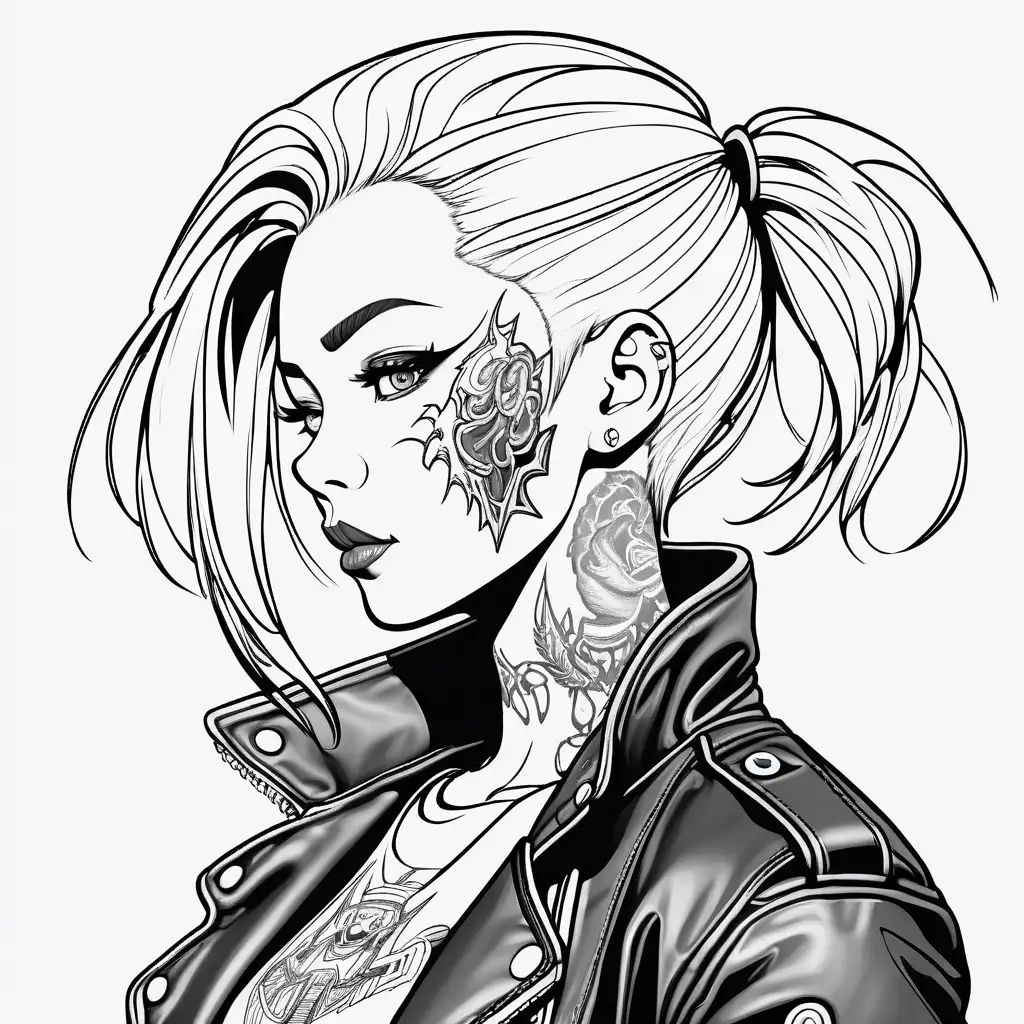 Coloring book image. Black and white. Outline only. Highly detailed. Clean and clear outlines that allow for easy coloring. Ensure the design provides ample space for creativity and coloring. Cyberpunk Chinese woman with white hair with leather jacket and face tattoo.
