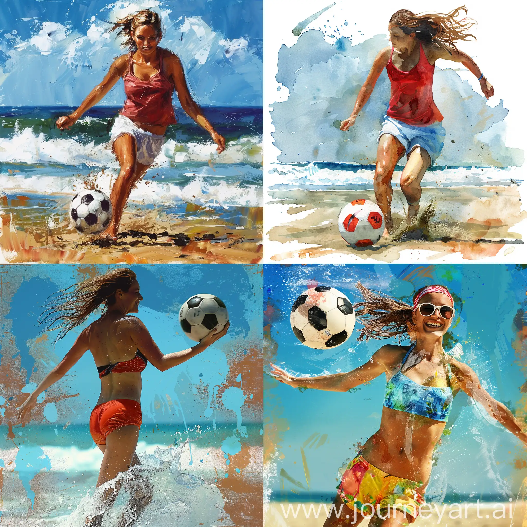 Beach-Woman-Playing-Soccer-in-Vibrant-Setting