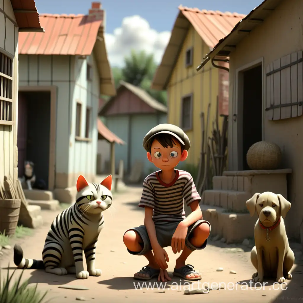 Деревня, мальчик, полосатый кот и собака