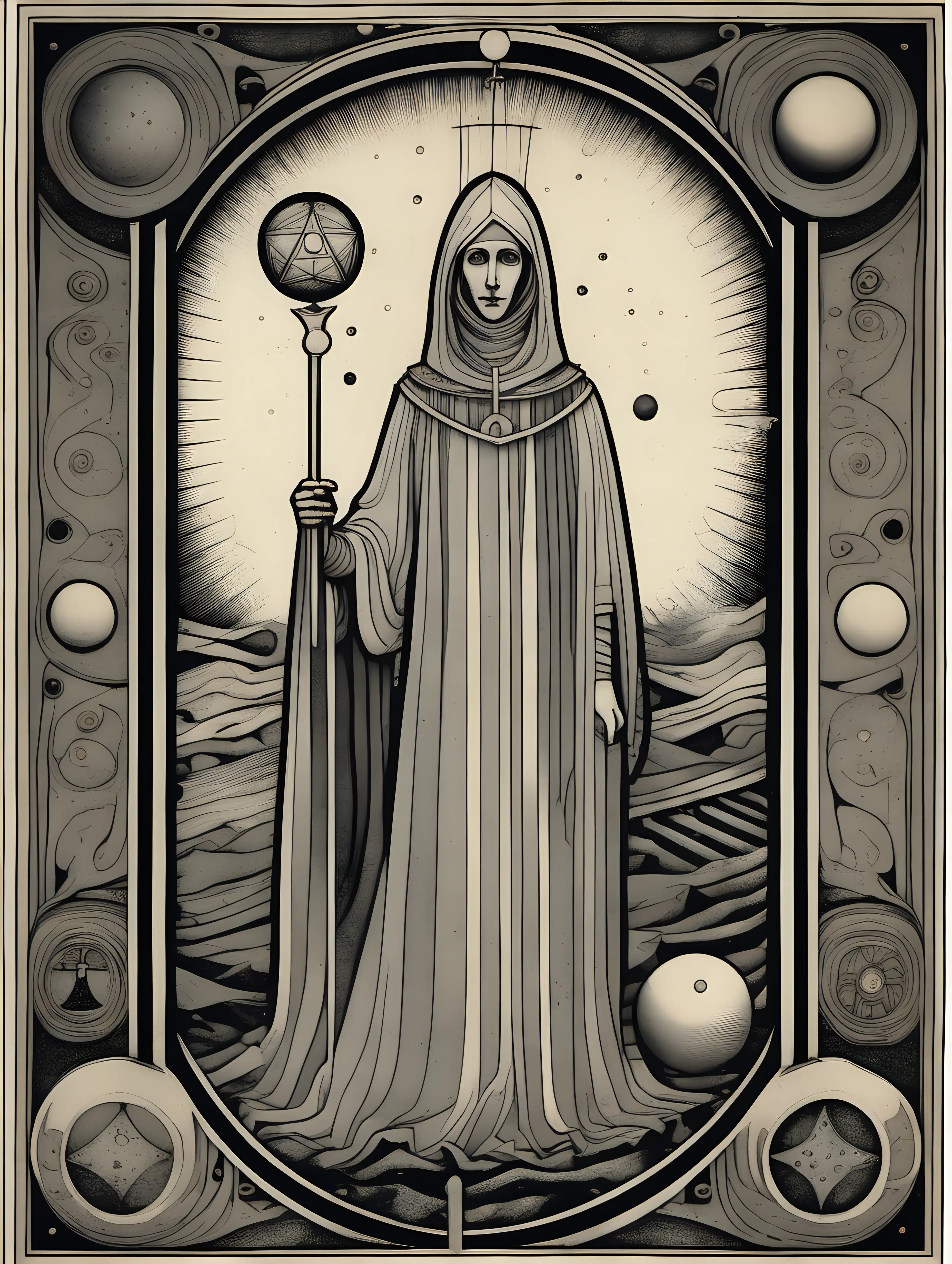 Enigmatic Tarot Card with Subtle Surrealism in Monochrome Geometry