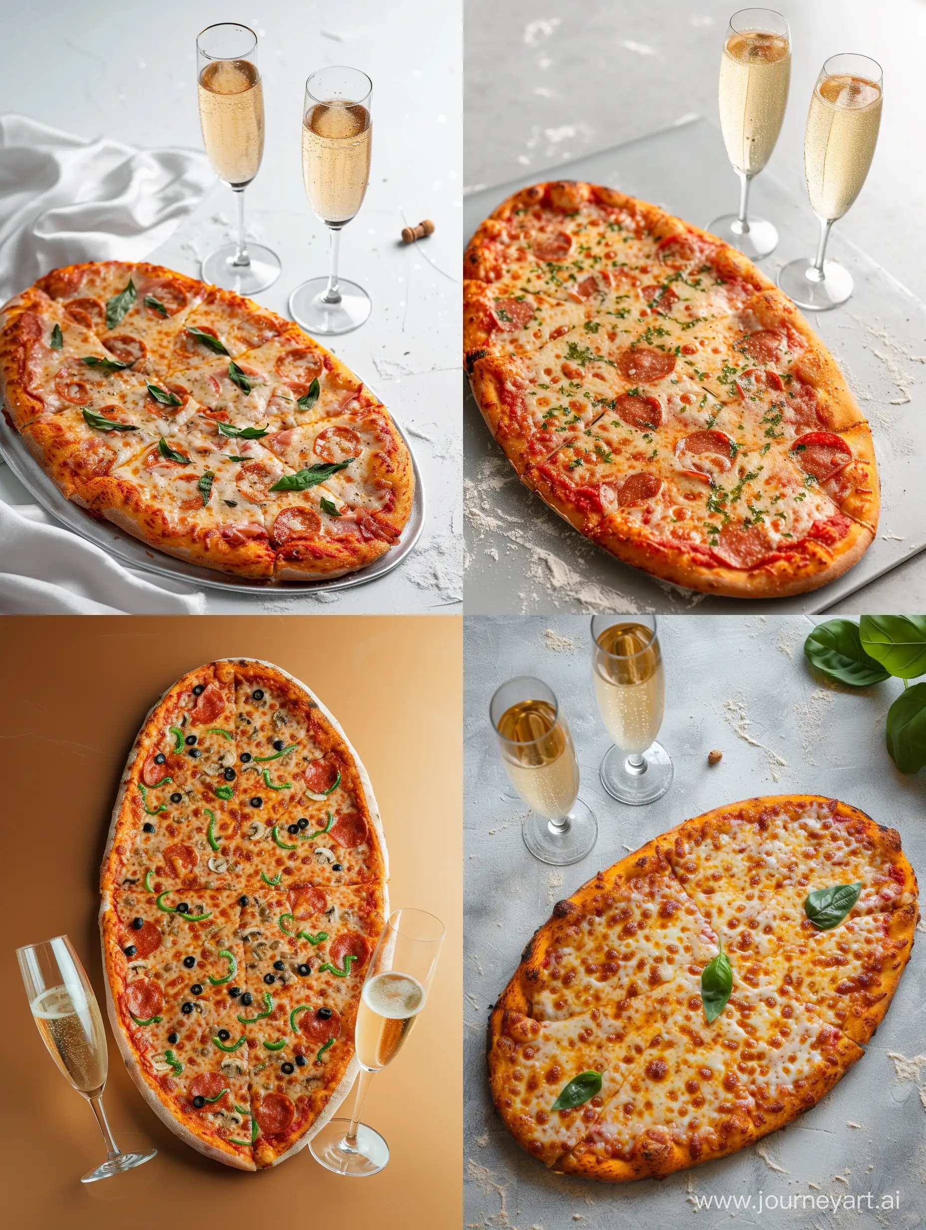 овальная целая пицца и два бокала шампанского одной линией в стиле минимализм