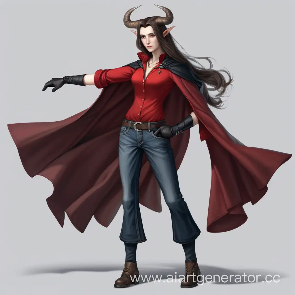 Stylish-Lady-with-Long-Hair-Red-Shirt-and-Horns-in-Relaxed-Pose