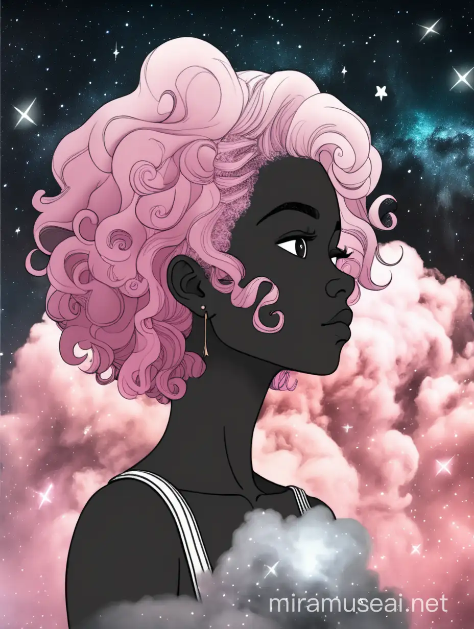 Black woman bust, pink hair cloud Galaxy, clothes cloud dark, background night stars.