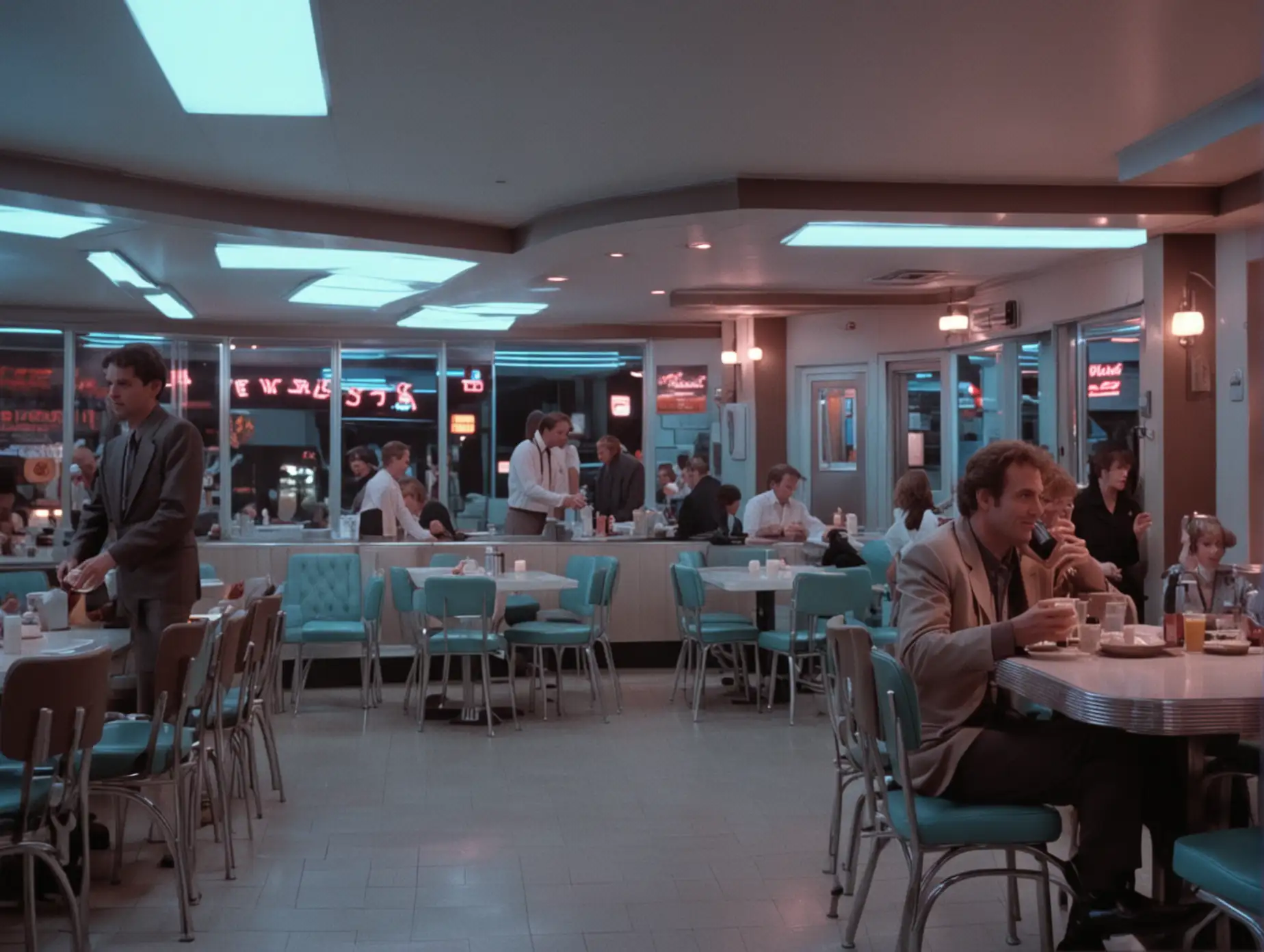 1980s SciFi Diner Scene with Cyan Lighting and Engaged Conversations